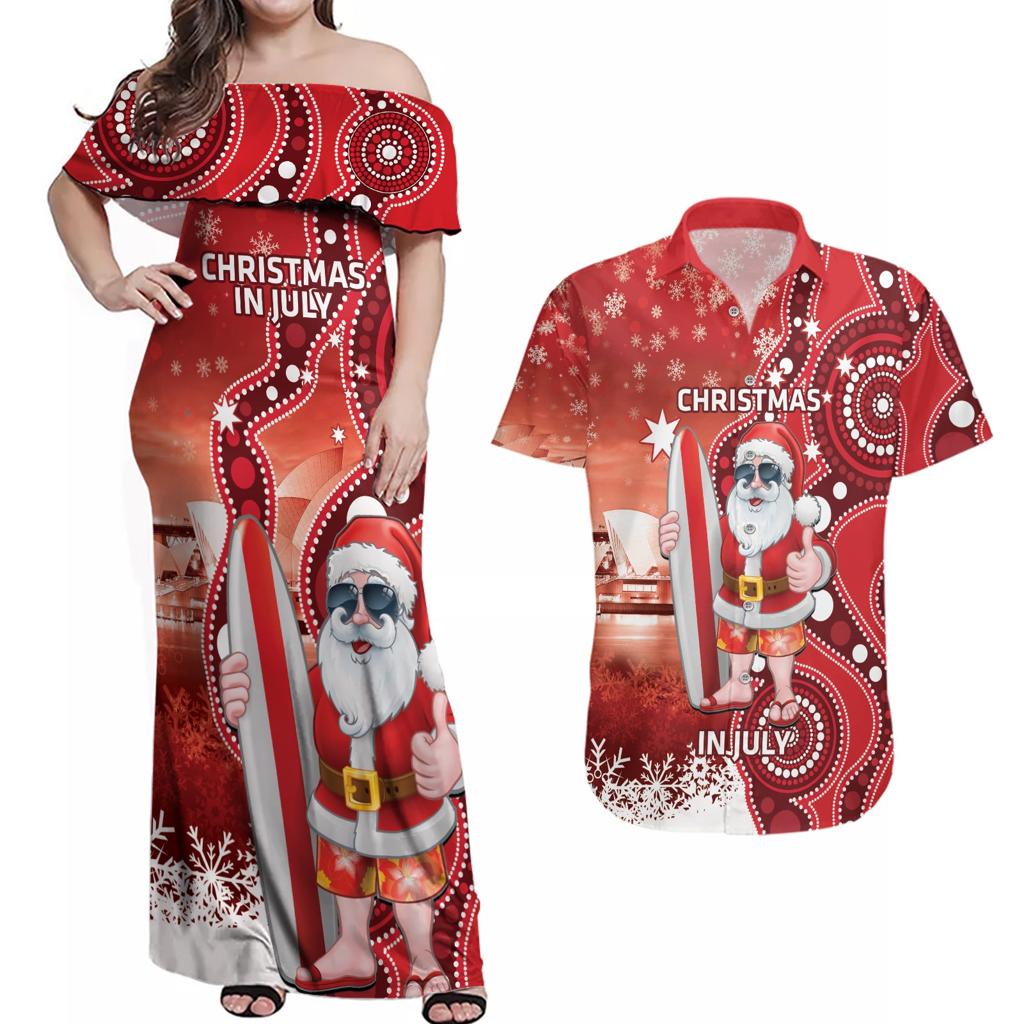 Christmas In July Australia Couples Matching Off Shoulder Maxi Dress and Hawaiian Shirt Santa Surfboard Sydney Opera House - Red