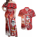 Christmas In July Australia Couples Matching Off Shoulder Maxi Dress and Hawaiian Shirt Santa Surfboard Sydney Opera House - Red