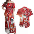 Christmas In July Australia Couples Matching Off Shoulder Maxi Dress and Hawaiian Shirt Santa Surfboard Sydney Opera House - Red