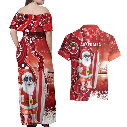 Christmas In July Australia Couples Matching Off Shoulder Maxi Dress and Hawaiian Shirt Santa Surfboard Sydney Opera House - Red