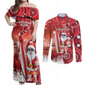Christmas In July Australia Couples Matching Off Shoulder Maxi Dress and Long Sleeve Button Shirt Santa Surfboard Sydney Opera House - Red