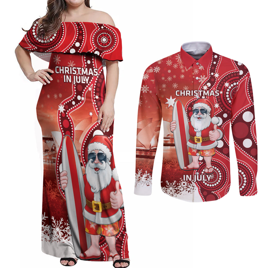 Christmas In July Australia Couples Matching Off Shoulder Maxi Dress and Long Sleeve Button Shirt Santa Surfboard Sydney Opera House - Red
