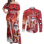 Christmas In July Australia Couples Matching Off Shoulder Maxi Dress and Long Sleeve Button Shirt Santa Surfboard Sydney Opera House - Red