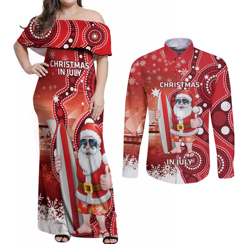 Christmas In July Australia Couples Matching Off Shoulder Maxi Dress and Long Sleeve Button Shirt Santa Surfboard Sydney Opera House - Red