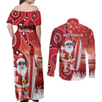 Christmas In July Australia Couples Matching Off Shoulder Maxi Dress and Long Sleeve Button Shirt Santa Surfboard Sydney Opera House - Red