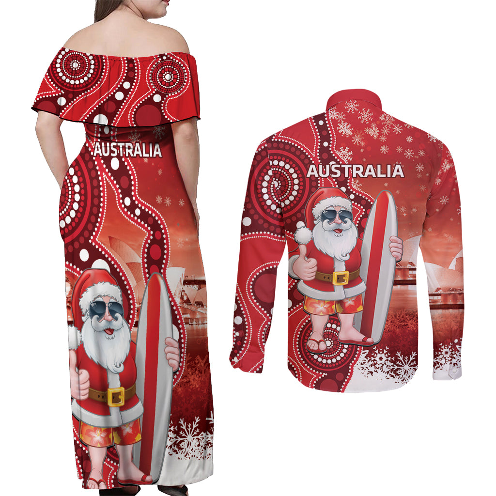 Christmas In July Australia Couples Matching Off Shoulder Maxi Dress and Long Sleeve Button Shirt Santa Surfboard Sydney Opera House - Red