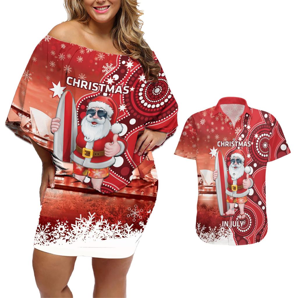 Christmas In July Australia Couples Matching Off Shoulder Short Dress and Hawaiian Shirt Santa Surfboard Sydney Opera House - Red