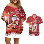 Christmas In July Australia Couples Matching Off Shoulder Short Dress and Hawaiian Shirt Santa Surfboard Sydney Opera House - Red