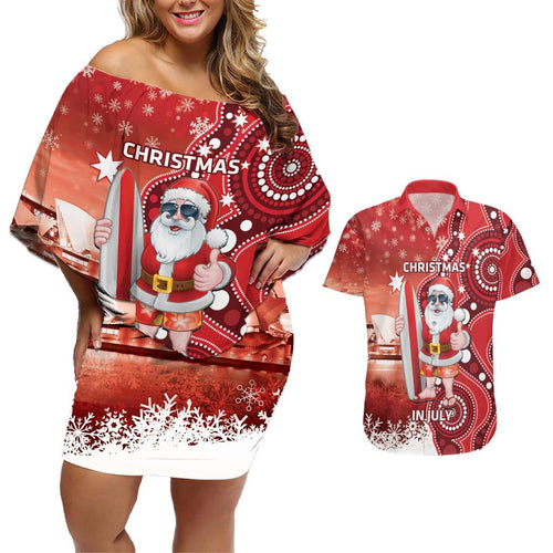 Christmas In July Australia Couples Matching Off Shoulder Short Dress and Hawaiian Shirt Santa Surfboard Sydney Opera House - Red