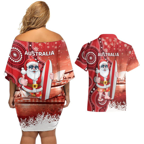 Christmas In July Australia Couples Matching Off Shoulder Short Dress and Hawaiian Shirt Santa Surfboard Sydney Opera House - Red