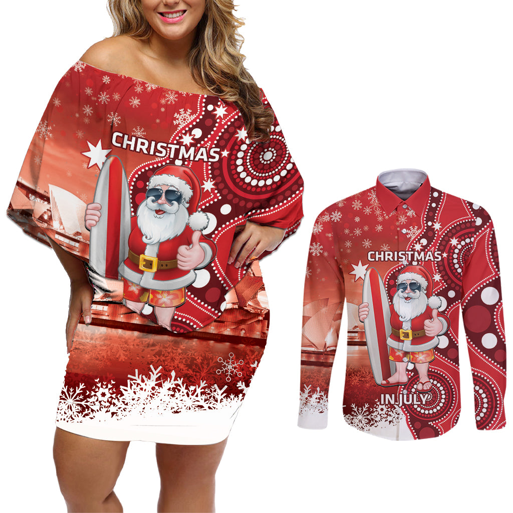 Christmas In July Australia Couples Matching Off Shoulder Short Dress and Long Sleeve Button Shirt Santa Surfboard Sydney Opera House - Red