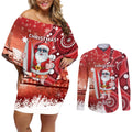 Christmas In July Australia Couples Matching Off Shoulder Short Dress and Long Sleeve Button Shirt Santa Surfboard Sydney Opera House - Red