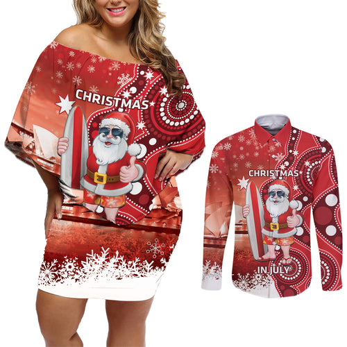 Christmas In July Australia Couples Matching Off Shoulder Short Dress and Long Sleeve Button Shirt Santa Surfboard Sydney Opera House - Red