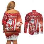 Christmas In July Australia Couples Matching Off Shoulder Short Dress and Long Sleeve Button Shirt Santa Surfboard Sydney Opera House - Red