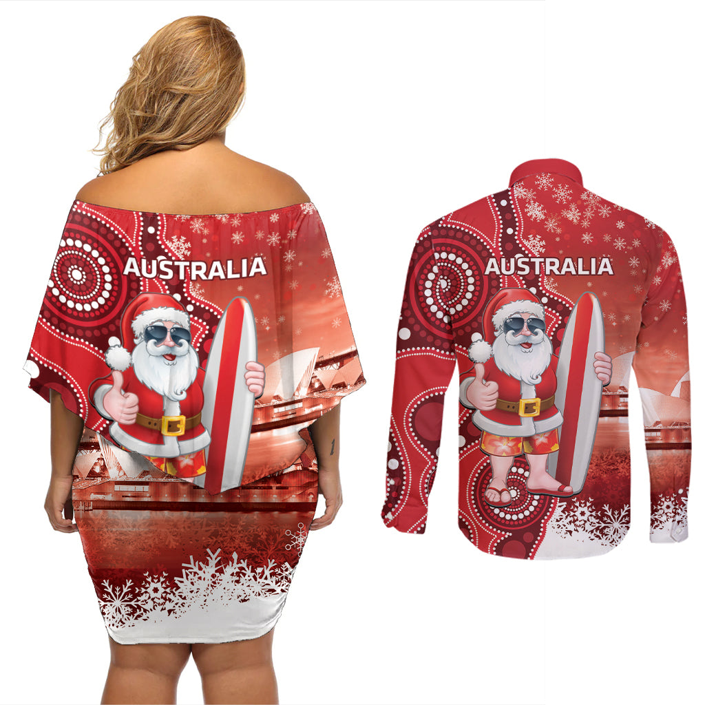 Christmas In July Australia Couples Matching Off Shoulder Short Dress and Long Sleeve Button Shirt Santa Surfboard Sydney Opera House - Red