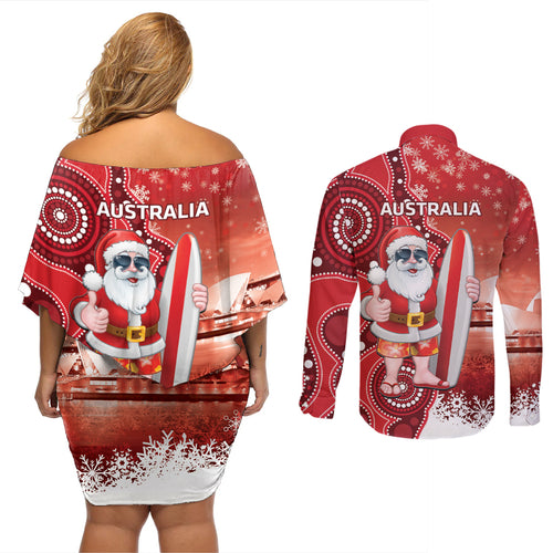 Christmas In July Australia Couples Matching Off Shoulder Short Dress and Long Sleeve Button Shirt Santa Surfboard Sydney Opera House - Red