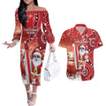 Christmas In July Australia Couples Matching Off The Shoulder Long Sleeve Dress and Hawaiian Shirt Santa Surfboard Sydney Opera House - Red