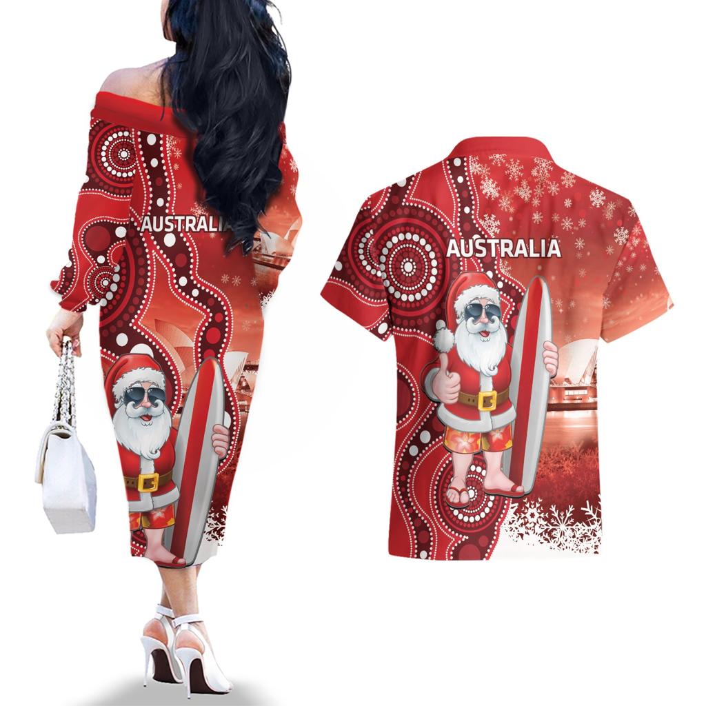 Christmas In July Australia Couples Matching Off The Shoulder Long Sleeve Dress and Hawaiian Shirt Santa Surfboard Sydney Opera House - Red