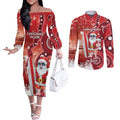 Christmas In July Australia Couples Matching Off The Shoulder Long Sleeve Dress and Long Sleeve Button Shirt Santa Surfboard Sydney Opera House - Red