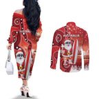 Christmas In July Australia Couples Matching Off The Shoulder Long Sleeve Dress and Long Sleeve Button Shirt Santa Surfboard Sydney Opera House - Red