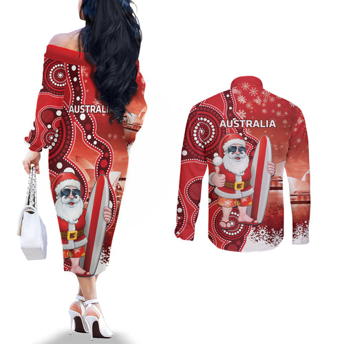 Christmas In July Australia Couples Matching Off The Shoulder Long Sleeve Dress and Long Sleeve Button Shirt Santa Surfboard Sydney Opera House - Red