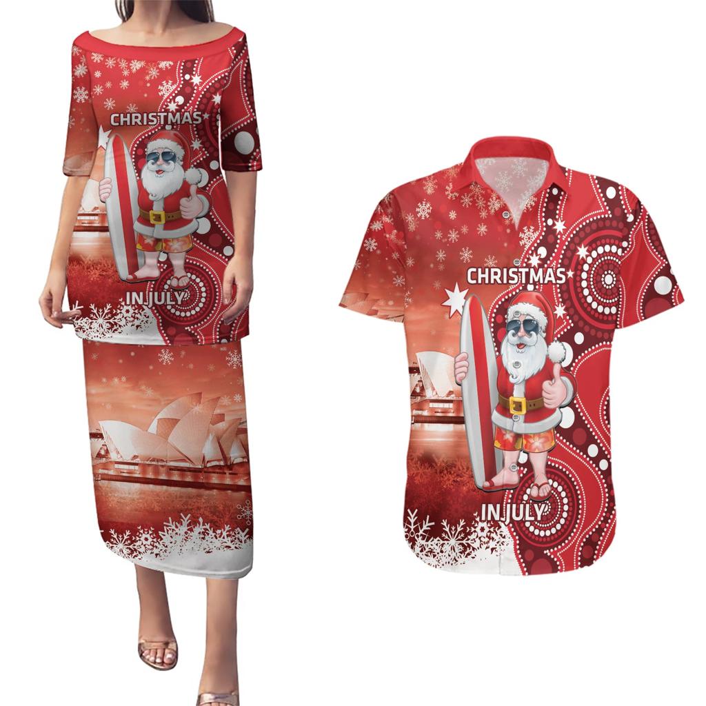 Christmas In July Australia Couples Matching Puletasi and Hawaiian Shirt Santa Surfboard Sydney Opera House - Red