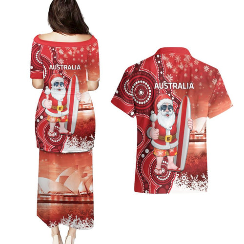 Christmas In July Australia Couples Matching Puletasi and Hawaiian Shirt Santa Surfboard Sydney Opera House - Red