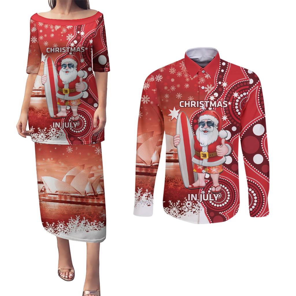 Christmas In July Australia Couples Matching Puletasi and Long Sleeve Button Shirt Santa Surfboard Sydney Opera House - Red
