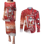 Christmas In July Australia Couples Matching Puletasi and Long Sleeve Button Shirt Santa Surfboard Sydney Opera House - Red