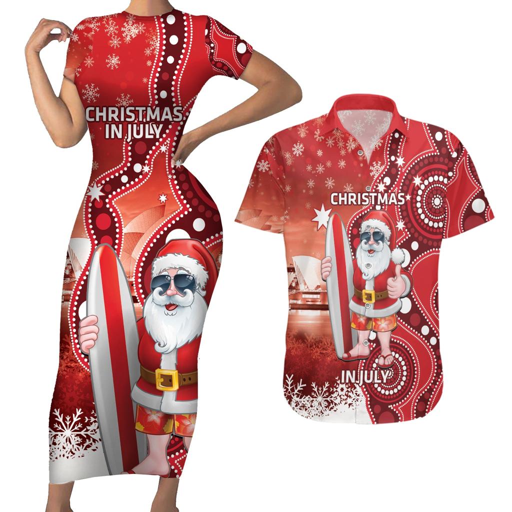 Christmas In July Australia Couples Matching Short Sleeve Bodycon Dress and Hawaiian Shirt Santa Surfboard Sydney Opera House - Red
