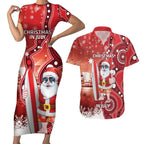 Christmas In July Australia Couples Matching Short Sleeve Bodycon Dress and Hawaiian Shirt Santa Surfboard Sydney Opera House - Red