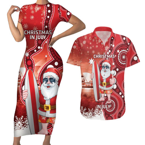 Christmas In July Australia Couples Matching Short Sleeve Bodycon Dress and Hawaiian Shirt Santa Surfboard Sydney Opera House - Red