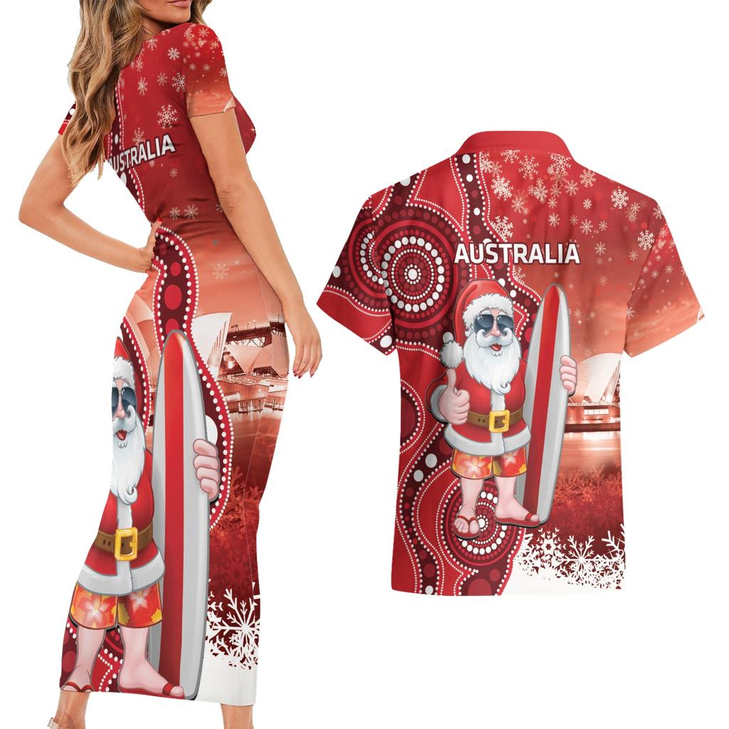 Christmas In July Australia Couples Matching Short Sleeve Bodycon Dress and Hawaiian Shirt Santa Surfboard Sydney Opera House - Red