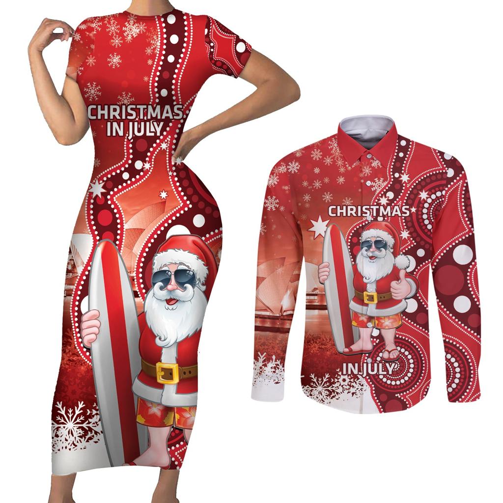 Christmas In July Australia Couples Matching Short Sleeve Bodycon Dress and Long Sleeve Button Shirt Santa Surfboard Sydney Opera House - Red