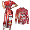Christmas In July Australia Couples Matching Short Sleeve Bodycon Dress and Long Sleeve Button Shirt Santa Surfboard Sydney Opera House - Red