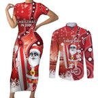 Christmas In July Australia Couples Matching Short Sleeve Bodycon Dress and Long Sleeve Button Shirt Santa Surfboard Sydney Opera House - Red