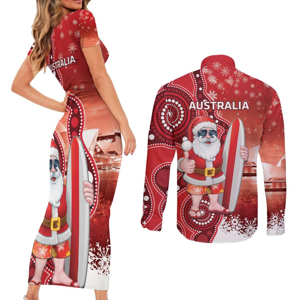 Christmas In July Australia Couples Matching Short Sleeve Bodycon Dress and Long Sleeve Button Shirt Santa Surfboard Sydney Opera House - Red