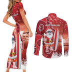 Christmas In July Australia Couples Matching Short Sleeve Bodycon Dress and Long Sleeve Button Shirt Santa Surfboard Sydney Opera House - Red