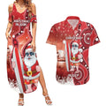 Christmas In July Australia Couples Matching Summer Maxi Dress and Hawaiian Shirt Santa Surfboard Sydney Opera House - Red