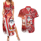 Christmas In July Australia Couples Matching Summer Maxi Dress and Hawaiian Shirt Santa Surfboard Sydney Opera House - Red