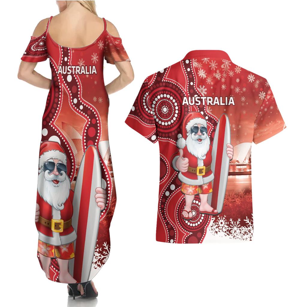 Christmas In July Australia Couples Matching Summer Maxi Dress and Hawaiian Shirt Santa Surfboard Sydney Opera House - Red