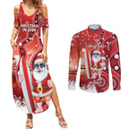 Christmas In July Australia Couples Matching Summer Maxi Dress and Long Sleeve Button Shirt Santa Surfboard Sydney Opera House - Red