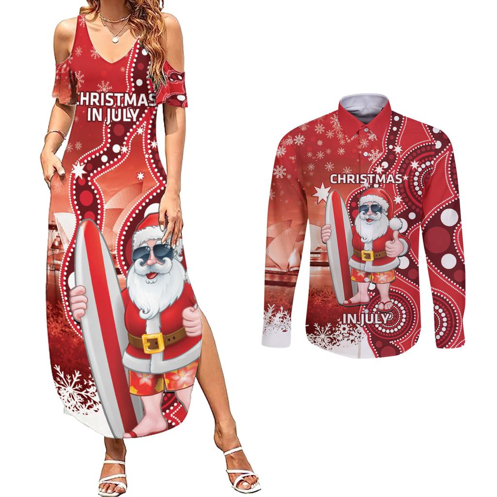 Christmas In July Australia Couples Matching Summer Maxi Dress and Long Sleeve Button Shirt Santa Surfboard Sydney Opera House - Red