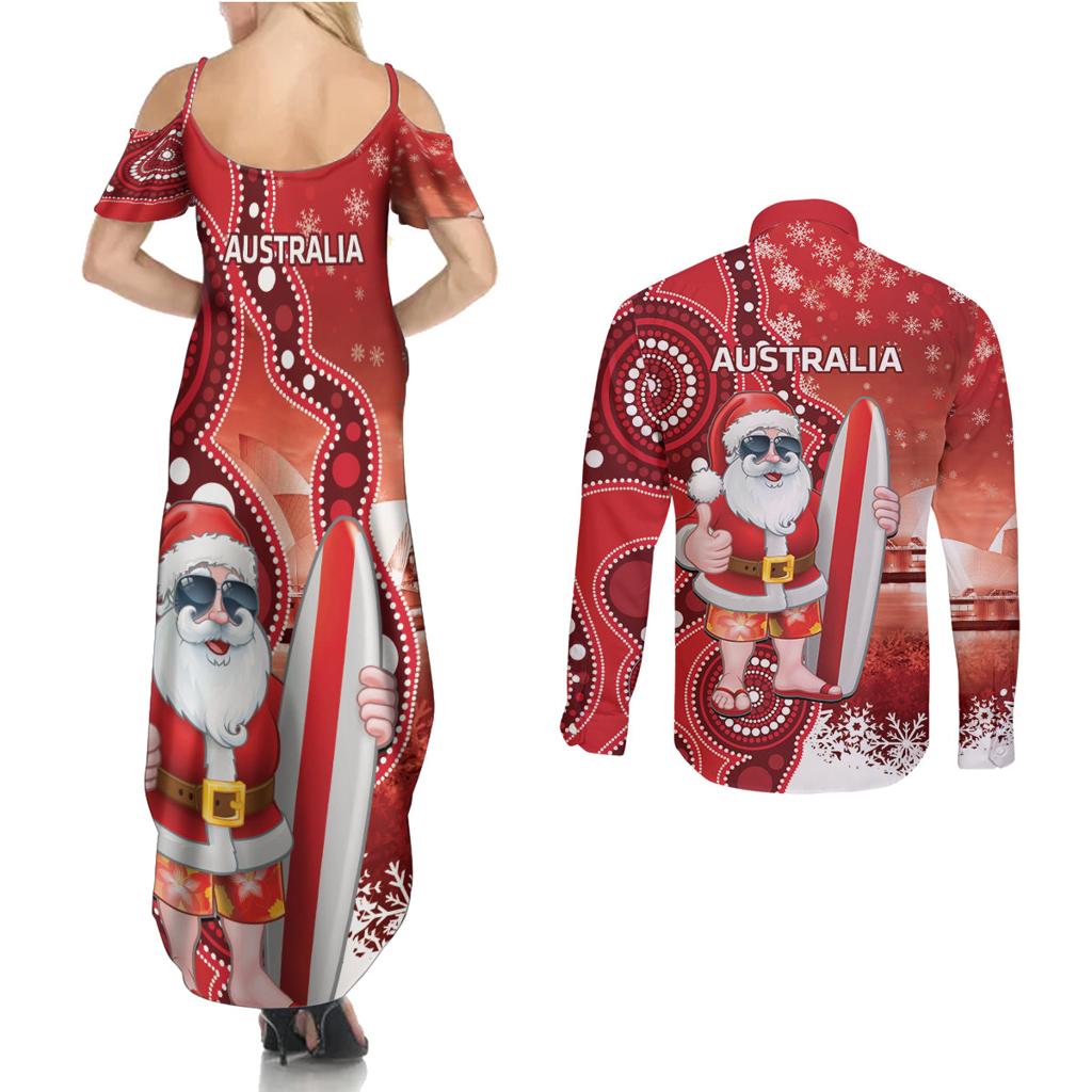 Christmas In July Australia Couples Matching Summer Maxi Dress and Long Sleeve Button Shirt Santa Surfboard Sydney Opera House - Red