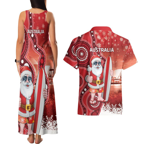 Christmas In July Australia Couples Matching Tank Maxi Dress and Hawaiian Shirt Santa Surfboard Sydney Opera House - Red