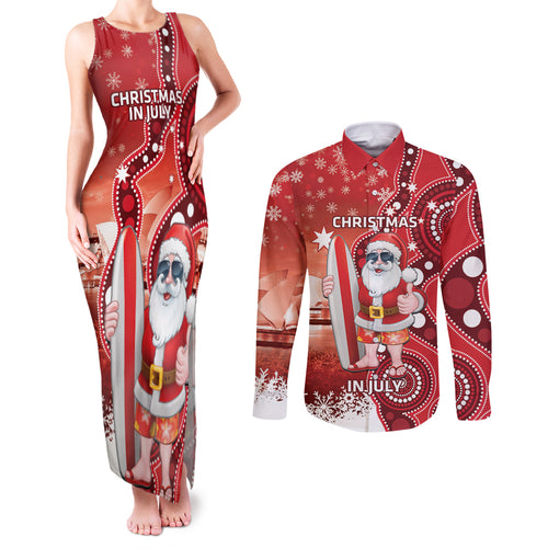 Christmas In July Australia Couples Matching Tank Maxi Dress and Long Sleeve Button Shirt Santa Surfboard Sydney Opera House - Red