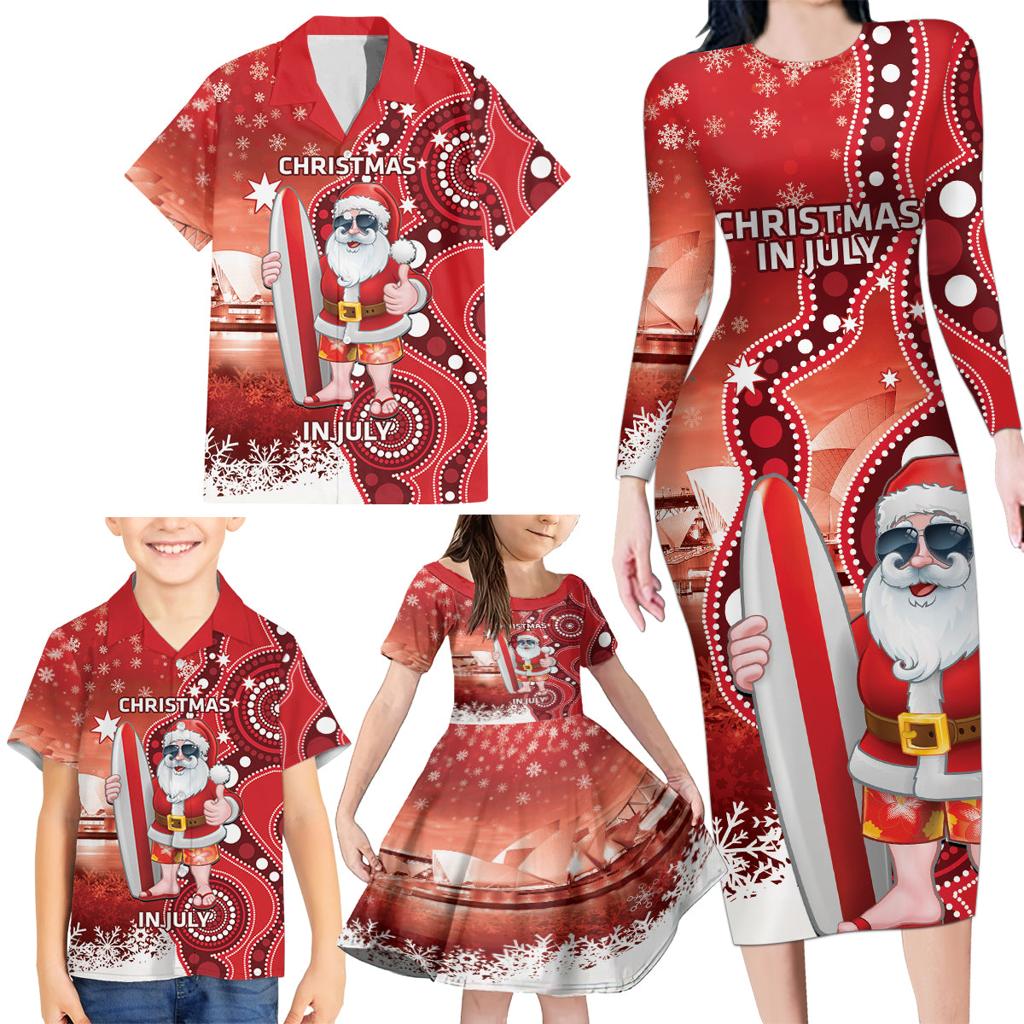 Christmas In July Australia Family Matching Long Sleeve Bodycon Dress and Hawaiian Shirt Santa Surfboard Sydney Opera House - Red