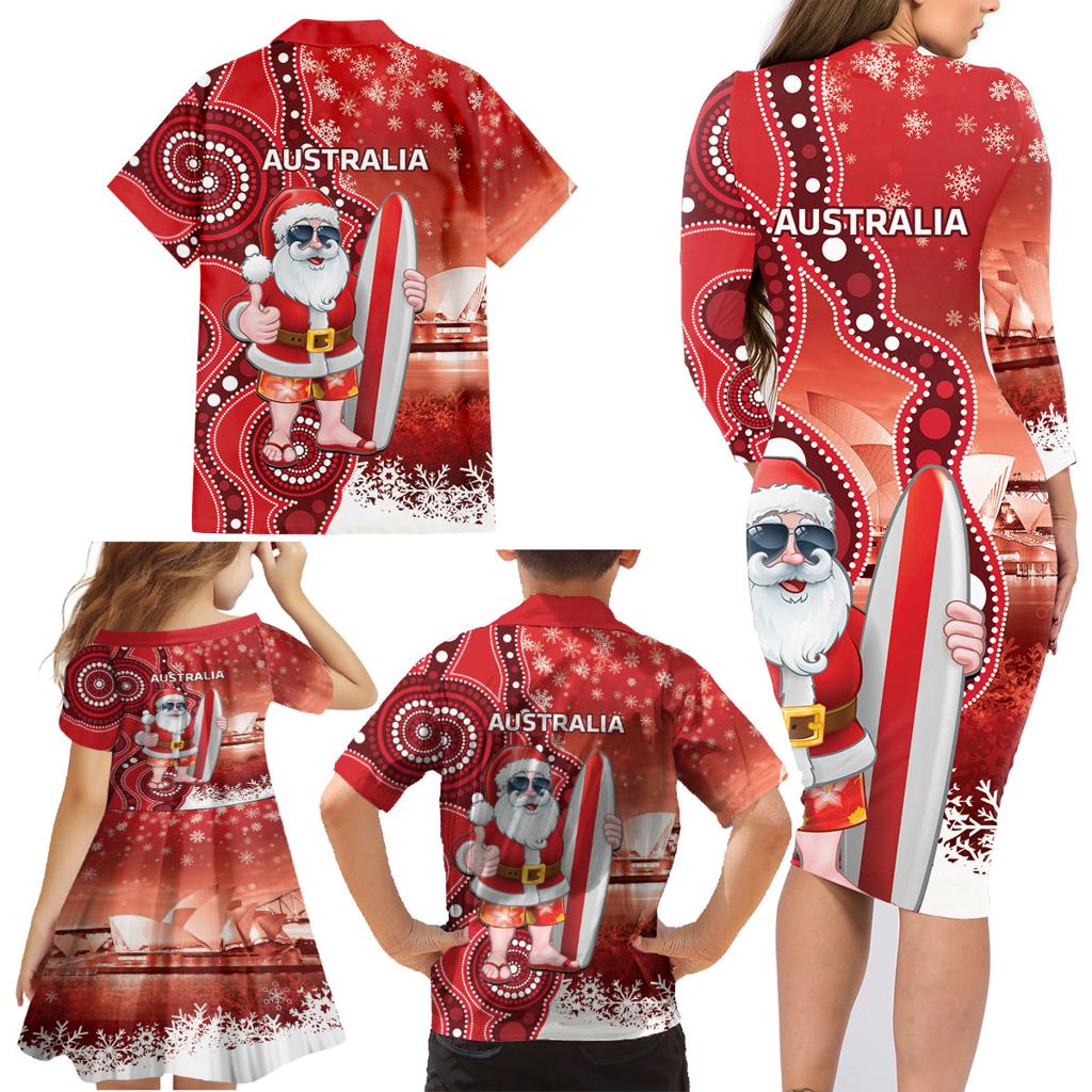 Christmas In July Australia Family Matching Long Sleeve Bodycon Dress and Hawaiian Shirt Santa Surfboard Sydney Opera House - Red