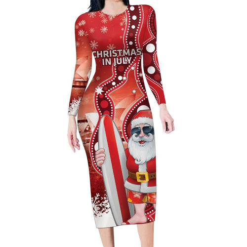 Christmas In July Australia Family Matching Long Sleeve Bodycon Dress and Hawaiian Shirt Santa Surfboard Sydney Opera House - Red
