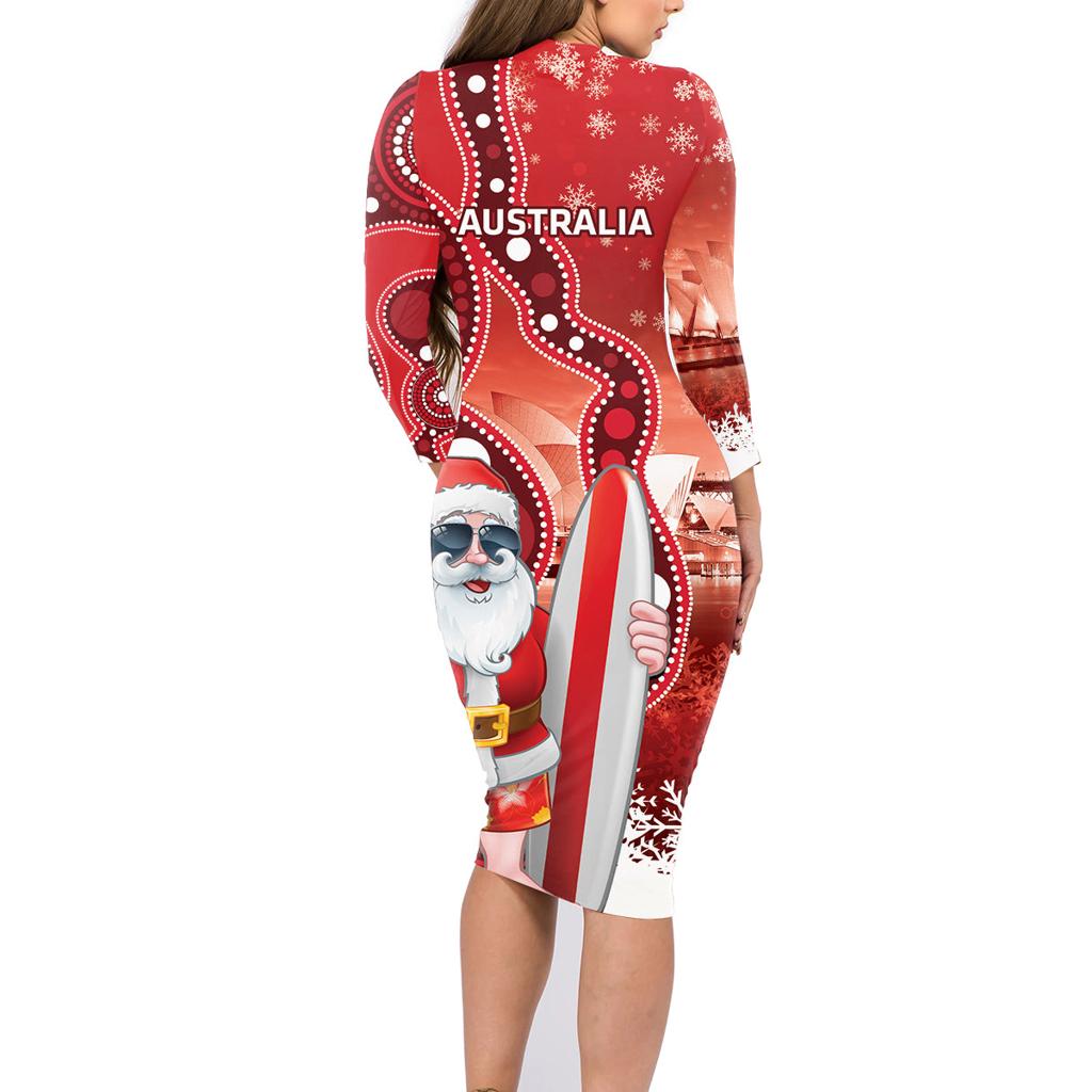 Christmas In July Australia Family Matching Long Sleeve Bodycon Dress and Hawaiian Shirt Santa Surfboard Sydney Opera House - Red